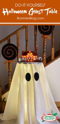 Celebrate a spooktacular time with our DIY Halloween display and recipe. Indeed, it’s time for tricks and treats with Department 56! Soon the Great Pumpkin will appear, and the Peanuts gang is ready for an evening of fall fun. Accordingly, Charlie Brown’s house, decorated for the season, is featured in our Halloween display. In fact, it sits atop a friendly ghost, built using a solid wood plant stand, twinkling white LED lights and a round white tablecloth.