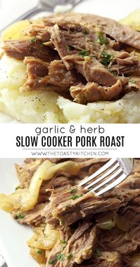 Garlic & herb slow cooker pork roast recipe. Garlic & Herb Slow Cooker Pork Roast is tender, juicy, and flavorful. Cooked low and slow until fall-apart tender, this pork roast can be served alone, over mashed potatoes, or on a sandwich. #pork #roast #slowcookerpork #slowcooker #crockpot #dinner #dinnerideas #recipe