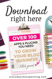 Every tool you need to start and grow your blog in one PDF download! Start a blog. Blogging for beginners. Best plugins for blogging. Start a blog business. Make money online.