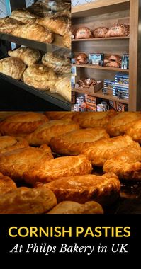 Shall We Have Cornish Pasties in United Kingdom? | Trays of yummy cornish pasties at Philps Bakery in Hayle. Photograph, Ann Fisher. #anncavittfisher #travel #travelblogger #UK #Europe