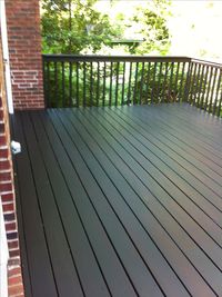 We wound up using Behr solid stain in Slate. We chose it because of its scores on a Consumer Reports test and we generally have had good results from Behr products. Our deck "after" painting. We liked the effect of the old Behr semi-transparent Redwood color showing through, so we left it.