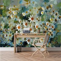 3D white daisy flowers oil painting photo wallpaper for home or business.