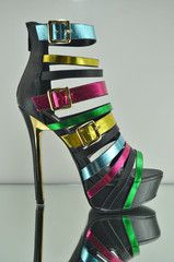 Alba Alice 1 Black Multi Color Strap Platform Shoe Bootie 5.5" Gold Trim Heel