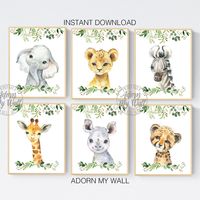 Safari Animal Prints, Jungle Animal Wall Art, Set Of 6, Printable, Nursery Wall Art For Boys, Jungle Animal Prints, Safari Nursery Prints,