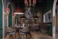 VIGO locates in a beautiful historical building. To carry and enrich the charming vintage vibe of the building itself, we matched the interior with retro wall decors and sconces. Royal animal portraits become the signature of Vigo. Wood chairs, leather furniture, and brick walls are used to create a classic fine dining Italian restaurant atmosphere. #luxuryrestaurant #vintagewalldecoration #finedining #wallillustrations