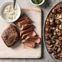 Air-Fryer Top Sirloin Steak with Roasted Mushrooms and Blue Cheese Sauce | America's Test Kitchen Recipe