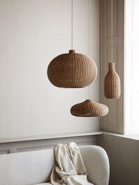 This grand, domed lampshade is braided by hand from rattan and will provide a lovely and natural light source in a room. Regardless whether you hang it from the ceiling above your dinner table or use it as a focal point in a corner, the lamp lets small glimpses of light through its natural shade, while the bottom hole gives a more directed downward light. It comes with a fabric covered cord and a matching plastic canopyMaterials:Braided rattanCE-tested off-white plastic canopy and 2 metre fabric