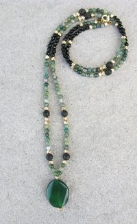 Long Elegant Green and Black Agate Beaded Necklace - Lava Necklace - Green Flat Twisted Agate Necklace - Gold Pendant Necklace