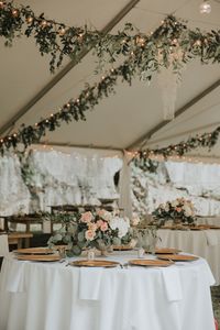 Natural + Ethereal Wedding Inspiration / White Wedding Tent with Bistro Lights and Greenery / Heather & Chris Wedding / Blush + Navy + Sage Green Wedding Palette / @heatherpoppie