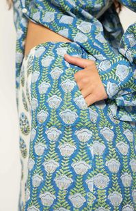 The Olivia pants are part of the 'an Ode to Mama collection'. These pants are made by hand from a combination of sourced block printed vintage fabrics from Jaipur, India. A flared pants with a front seam to showcase both prints on the pant.