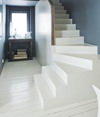 Farrow & Ball paints. Wall: Down Pipe No.26 Estate Emulsion Stairs and Floor: Off-White No.3 Floor Paint
