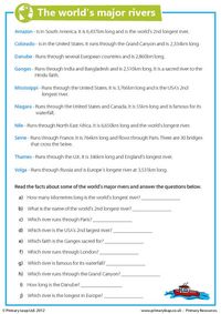 This year 6 geography worksheet includes interesting facts about some of the world's major rivers. There are 10 questions to answer. www.primaryleap.co.uk