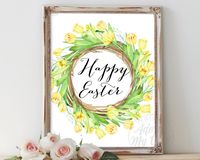 Easter Printable, Instant Download, Happy Easter Prints, Easter Home Decor Art, Easter Floral Sign, Yellow Tulips, Easter Decoration, Card