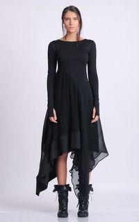 Excited to share this item from my #etsy shop: Long Sleeve Asymmetric Dress/Thumb Hole Sleeve Dress/Casual Pleated Dress/Black Chiffon Dress/Everyday Comfortable Dress METD0134