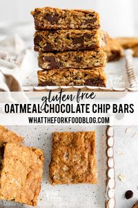 Gluten Free Oatmeal Chocolate Chip Bars are an easy gluten free bar cookie recipe that everyone loves. With only a few ingredients, they’re flavored with butter, brown sugar, gluten free oats, vanilla, and loads of chocolate chips. Gluten free cookie bars are quick to make and are a great dessert for lunche boxes, snacks, potlucks, or even bake sales. Gluten free bar cookie recipe from @whattheforkblog - visit whattheforkfoodblog.com for more gluten free baking and gluten free dessert recipes.
