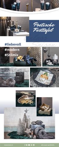 Festtafeln dürfen, müssen aber auf keinen Fall klassisch sein. Versuche dich am mutigen Mix von Gold und Silber und nutze den metallischen Glanz für erquickende Blau-Kombinationen.