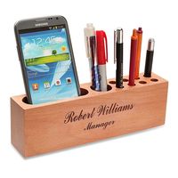 Personalized Beech Wood Phone Stand With Desktop Pen Organizer Engraving Free 3 lines up to 30 characters per line Material: Beech Wood Size:9" x 2.5" x 1.75"