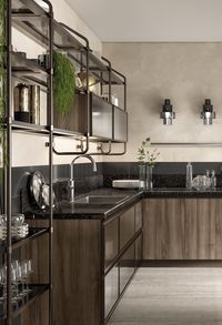 Industrial luxury. Composition with island, Garden Walnut decorative melamine doors and Bronze frame doors with Ribbed Glass. Bronze Stock Rack SystemwWith Smoky Glass shelves.