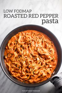 Creamy, yet deliciously dairy-free this yummy low FODMAP Roasted Red Pepper Pasta is packed with flavor and veggies! Toss with your favorite FODMAP-friendly pasta and enjoy plant-based (as is) or topped with shrimp or chicken. | more easy low FODMAP recipes at funwithoutfodmaps.com | #lowfodmap #glutenfree #glutenfreepasta #vegan #plantbased