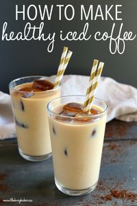 Learn how to make Healthy Iced Coffee at home that's healthy, diet-friendly, and costs only pennies per cup! Skip the coffee shop to save calories and money! Recipe from thebusybaker.ca! #healthyicedcoffee #starbuckscopycat #dairyfreeicedcoffee