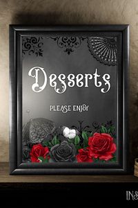 Victorian wedding desserts table sign, with vintage red roses and black lace sun umbrella. Print-ready (non-editable) size 8x10" Instant download. Victorian Desserts Sign, Red Roses and Black Lace Victorian Wedding Sign. Printable Dessert Sign, Wedding Signage Victorian Table Decor