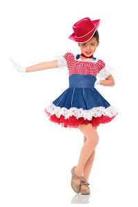 Leotard With Attached Skirt: Red and white checked cotton, denim polyester spandex, red spandex, and red tricot; Trim: White lace; Choker Included; For Short White Gloves Order # 98-060; For Red Cowboy Hat Order # F606; #dancecostumes #dance #dancecompetition #artstonethecompetitor #tinydancers
