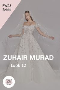 Beautiful Embroidered Off Shoulder A-Line Princess Wedding Dress / Wedding Gown with a Long Train. This wedding dress is from the Fall 2023 Bridal Collection by Zuhair Murad.