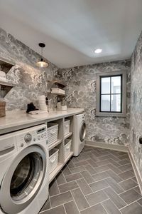 luxury laundry room ideas, include plenty of counter space and shelving. Click to see the rest of our tips for luxurious laundry room ins the post!