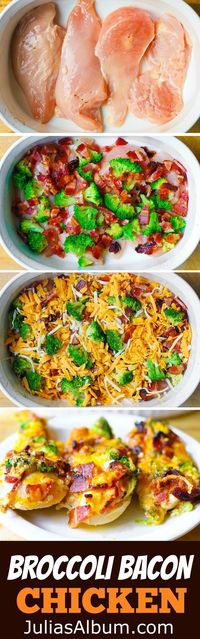 Broccoli Bacon Cheddar Chicken Breasts baked in a casserole dish. Gluten free recipe.