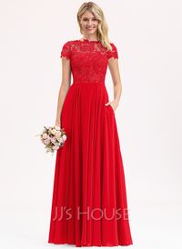 A-Line Scoop Floor-Length Chiffon Lace Bridesmaid Dress (007206482) - JJ's House