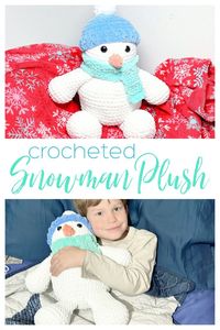 Crochet a soft, cuddly snowman with super bulky chenille yarn. Made teddy bear style, with snow arms and legs (instead of stick arms and no legs), the snowman also had a little hat and scarf that can be made in any color you want.