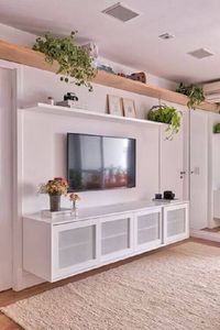 vasos com plantas para decoração de sala toda branca com prateleira de madeira#decoraçãocomplantas #decoraçãocomplantassala #decoraçãocomplantasemapartamento