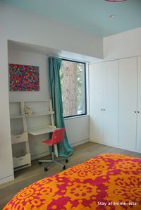 Pink and Aqua girls room with ikea closet system - Barely Teal on ceiling and darker teal IKEA curtains (link in post)