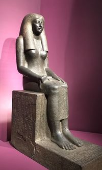 Sennuwy was the wife of a powerful Egyptian provincial governor during the Midle Kingdom named Djefaihapi of Asyut. The rock-cut tomb of the couple is the largest non royal tomb of the Middle Kingdom, and the quality of the statue indicates that they had access to the best artists, probably trained in a royal workshop. The statue of Sennuwy and her husband were originally in their tomb chapel, or in a sanctuary in Egypt, but they were found to the south in Kerma, ancient Nubia. The original sta