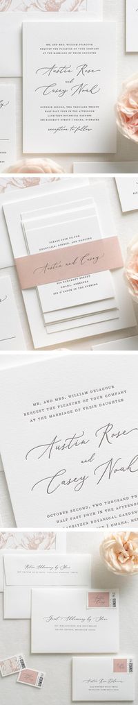 The Austin stationery collection was created for your light and airy wedding. Letterpress wedding invitations are custom printed on an antique letterpress resulting in deep impressions and a dramatic embossed look. The wedding invitation shown is our Austin design letterpress printed in soft black ink with a peach colored envelope liner and tied with light pink ribbon.