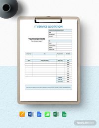 Instantly Download IT Company Service Quotation Template, Sample & Example in Microsoft Word (DOC), Microsoft Excel (XLS), Google Docs, Apple (MAC) Pages, Google Sheets (SPREADSHEETS), Apple (MAC) Numbers Format. Available in A4 & US Letter Sizes. Quickly Customize. Easily Editable & Printable.