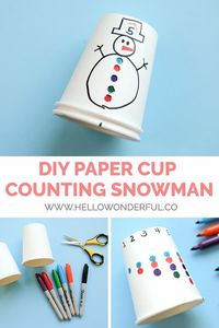 DIY Paper Cup Counting Snowman. Great winter holiday Christmas learning for preschoolers! #preschool #preschoolactivities #christmascrafts #snowmancrafts #preschoolactivities #learningactivities #counting