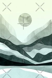Ombre blue mountain lake landscape with sunrise. Modern illustration for a boho aesthetic. Design by Miss Belle