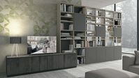 Anthracite aged oak | Glossy glass amber yellow | Bookcase: matt Kenya grey | Worktop: Fenix laminate | Finger rail and plinth: smoke