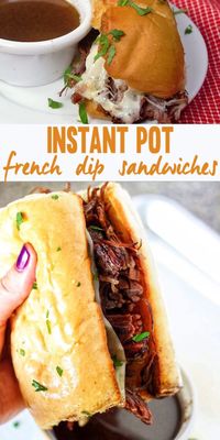 This Instant Pot French Dip Sandwich Recipe is sure to become a family favorite. Tender fall-apart chuck roast with a flavor-packed juice for dipping, in a fraction of the usual cooking time. This French Dip Sandwich recipe is topped with melty cheese and served on a buttery garlic roll. #dip #sandwich #instantpot #frenchdip
