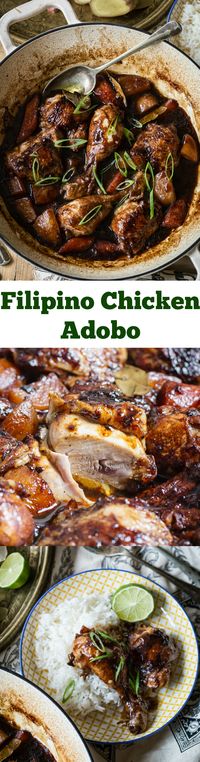 Delicious one pot chicken with carrots and potatoes in a rich and flavourful Filipino Adobo sauce.