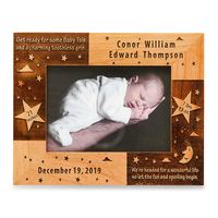 Personalized Genuine Red Alder Baby Frame Please provide following details: Name, Born Date, Height, and Weight. Available in three sizes: 7-1/4" X 9-1/4"(holds a 4" X 6" photo), 8" X 10"(holds a 5" X 7" photo), and 11" X 13"(holds a 8" X 10" photo).