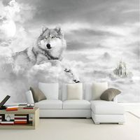 Stylish wolf in clouds with castle background wallpaper. Quality animal theme design wall mural for home or business.