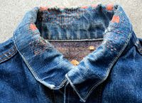 Stitched up! | Fine colored thread highlighting where collar had started to show wear. | Sashiko repairs by The Bandanna Almanac.