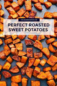 These roasted sweet potatoes have a delicious seasoning blend and are cooked at the perfect temperature to ensure a crispy caramelized exterior and a soft irresistible interior. The seasoning blend adds a perfect accent to these potatoes without masking their natural sweetness and flavor. via chelseasmessyapron.com #roasted #sweet #potato #easy #quick #kid #friendly #vegetarian #healthy #side #dish #thanksgiving #holiday #christmas #easter #vegetable #roasted