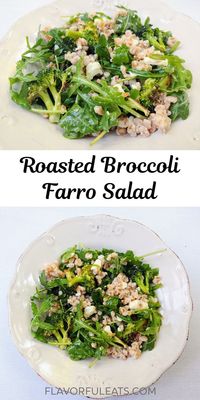 Roasted Broccoli Farro Salad is made with roasted broccoli, peppery arugula, feta cheese, and chewy farro that all gets tossed in a delicious, homemade lemon basil vinaigrette. A hearty salad that’s great all year long!