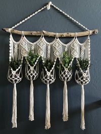 This elegant wall hanging features 5 hammocks to carry and hold your own beloved plants. -Made with 100% cotton cord at 4mm thick -Measures 51 inches long and 38 1/2 inches wide This item does not come with the glass bowls and plants pictured.