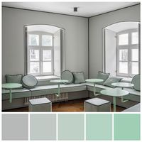 Monotone grey + muted green colour scheme is enhanced with subtle, barely there white accents and black line details. The colour scheme creates a calm, tranquil atmosphere suitable for purpose. MIA Yoga designed by Crosby Studios, 2018. Colour Fundamentals- Monotone Colour palette by Zena O’Connor, PhD, featuring an image from Casa Vogue.