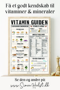 Køkkenplakat Vitamin Guiden: fra 189kr. Plakaten til den sunde familie eller person. Vil du gerne leve sundt, og være sikker på at din krop får de vitaminer og mineraler den har brug for? Vitamin Guiden informerer og inspirerer til de rigeste vitamin kilder, og viser den anbefalede dosis, både for børn og voksne. På denne måde får du/I dækket jeres vitamin- og mineralbehov, og gøre sund krop til en sport. Find den og andre plakater på www.SimonHolst.dk