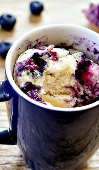 Blueberry Mug Cake~ make it healthy by subbing protein powder and quinoa flour for reg7ualr flour. Stevia for regular granulated sugar, almond milk for milk, and vegetable oil for coconut or olive oil! Can't wait try this!